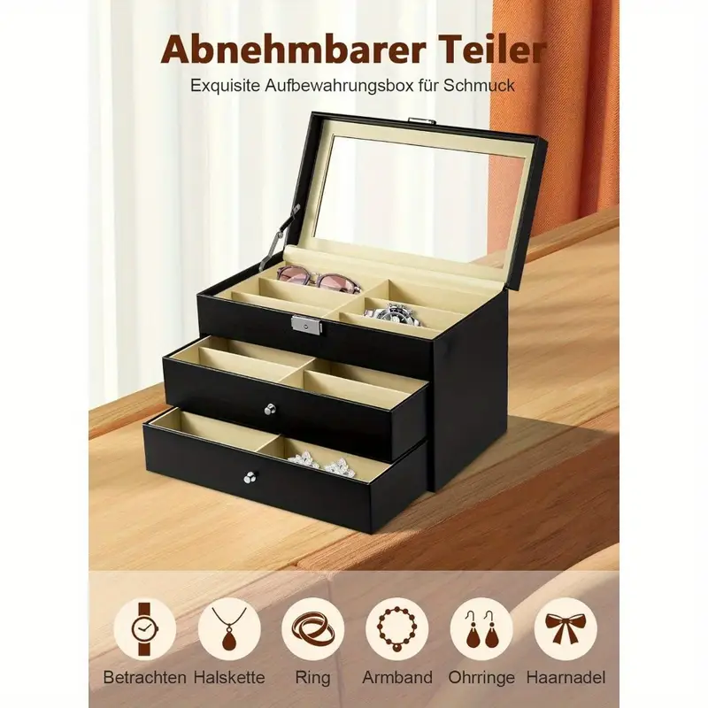 Brillenbox mit 8 Fächern – Kunstleder Aufbewahrungskoffer mit Sichtfenster